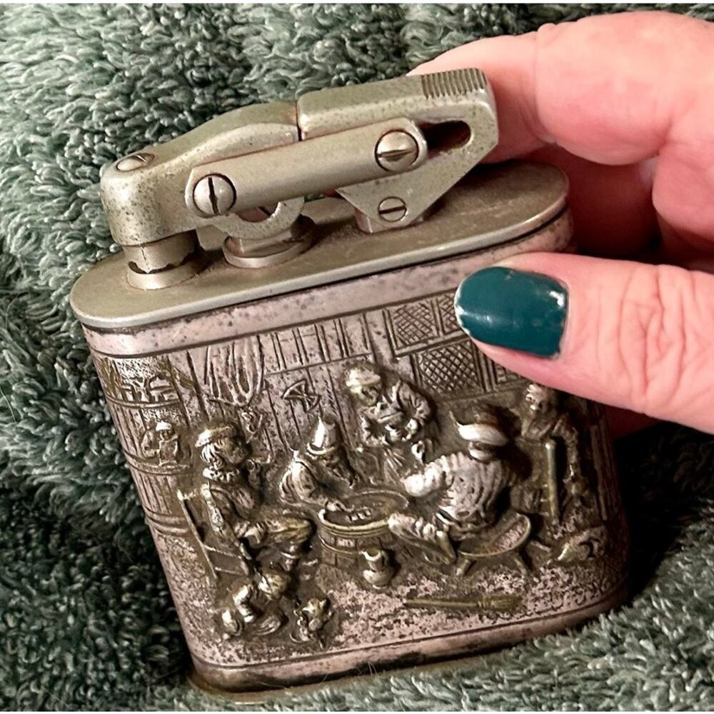 Karl Wieden Tavern Scene Silver Plated Brass Table Lighter c1950s